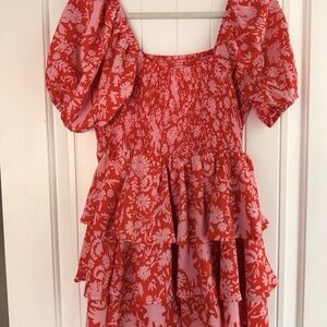 Entro Red and Pink Floral Romper with Puffy Sleeves